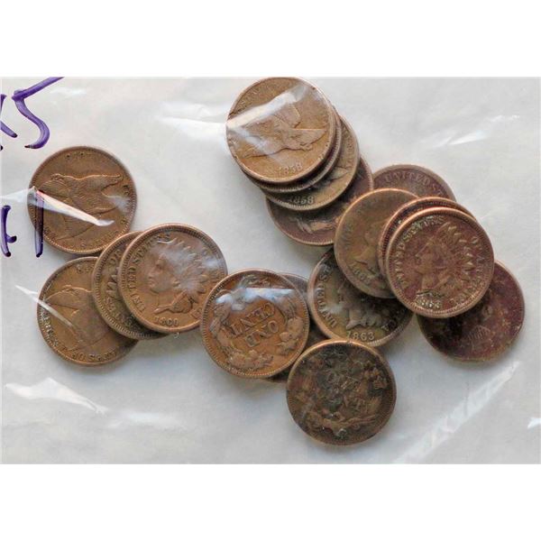 USA; 1857 1¢ (4), 1858 (5), 1860, 1862, 1863 (5), and 1864, lot of 17 coins VG or better.