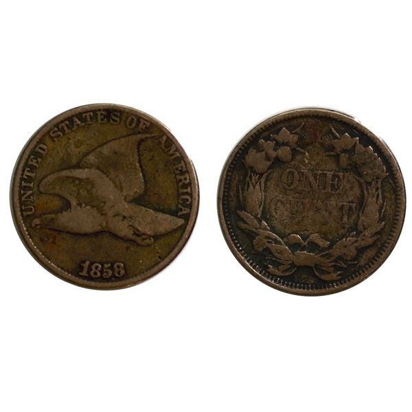 USA; 1858 1¢ "LL" Flying eagle VG or better.