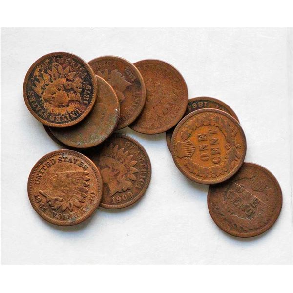 USA; 1864 1¢ 1864 Var3 (3), 1868, 1873, 1874 (2), 1879, and 1909 (2), lot of 10 coins, grades vary.