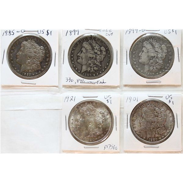 USA; 1885-1901 $1 MORGAN DOLLARS Fine to Unc.  Lot of 5 coins.