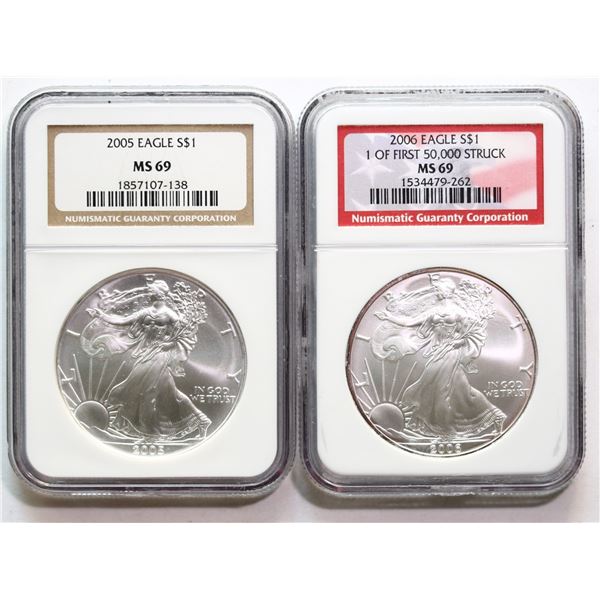 USA; 2005 & 2006 SILVER EAGLE 1OZ SILVER, Both coins NGC MS69.