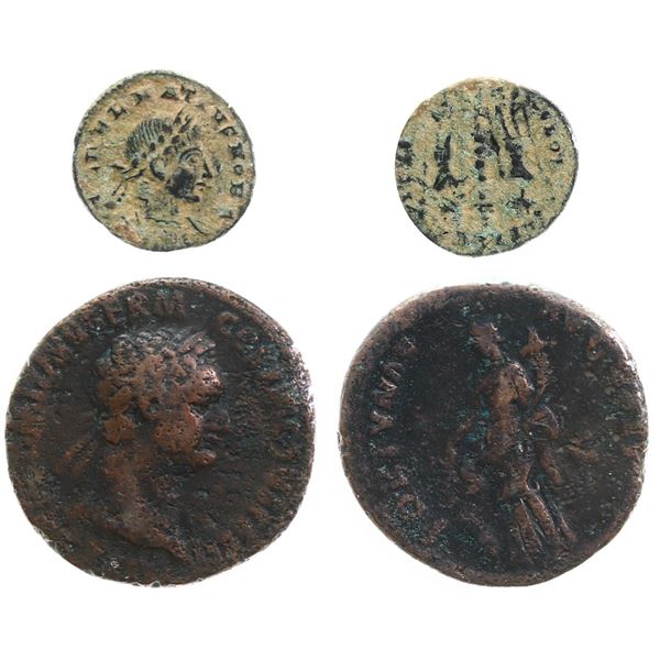 Ancients;  Roman Delmatius, as Caesar (AD 335-337). AE & Domitian, as Augustus (AD 81-96). AE.  Lot 