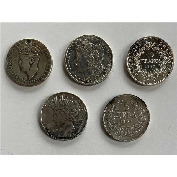 World coins; Group of 5 silver coins; includes Bulgaria 1894 KB 5 Leva, USA Silver dollars (2), Cana