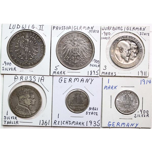 Germany;  1914 1 Mark, 1935 1 Reischmark, Bavaria 1876 5 Mark, Prussia 1 Silver Thaler, Prussia 1895