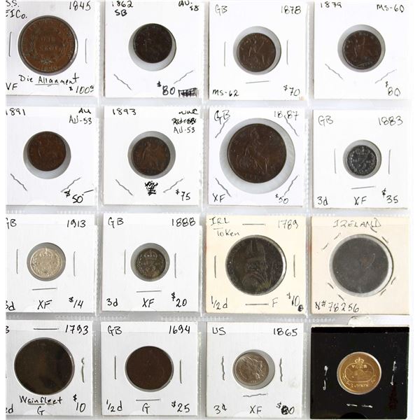 World Coin Lot;  includes early Great Britain Farthings, 3d, Ireland Copper Tokens, US 1865 5¢, 1845