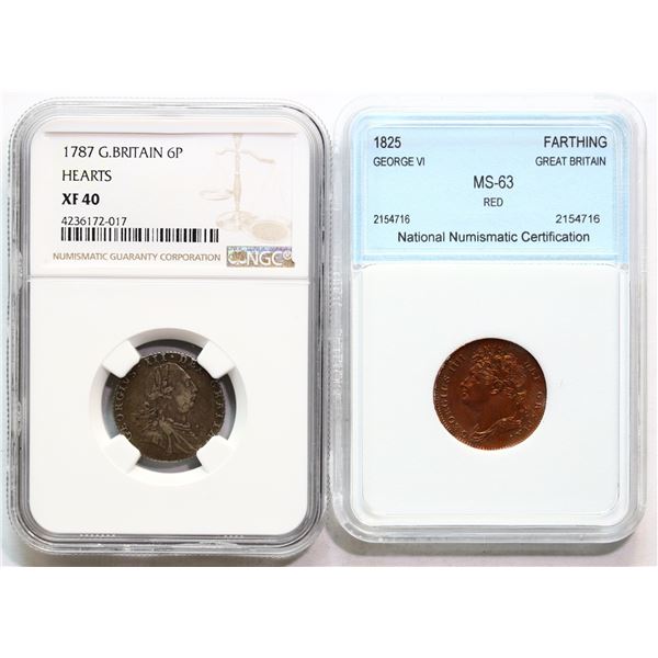 Great Britain; 1787 6 Pence "Hearts" NGC EF40 & 1825 FARTHING NNC MS63, Lot of 2 coins.