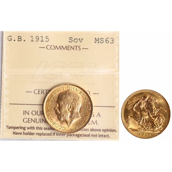 Great Britain; 1915 Sovereign ICCS MS63
