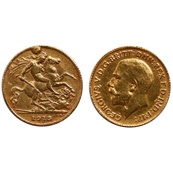Great Britain; 1919 1/2 Sovereign previously mounted. VF