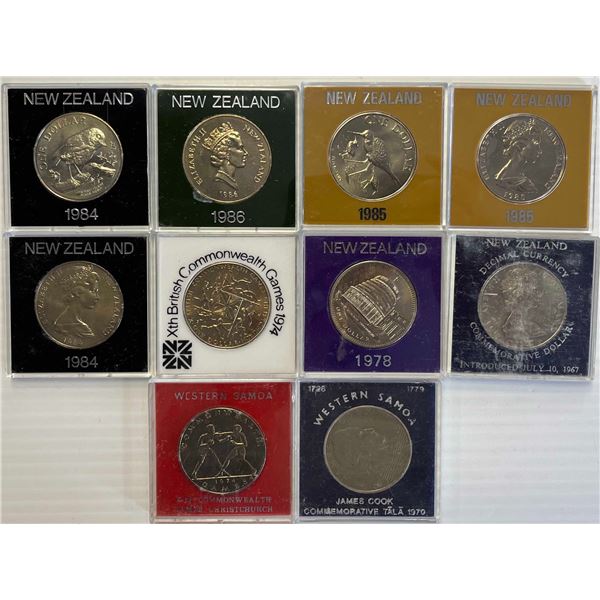 New Zealand; 1967-1985 Dollar (8), 1987 Set (Unc), 1970-74 Western Samoa Dollars (2).  Lot of 11 ite