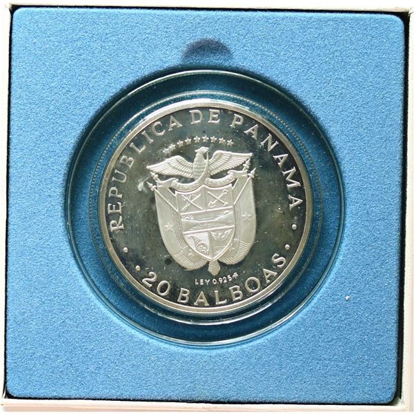 Panama; 1973 20 Balboas sterling silver Proof.  Weight: 130 grams, diameter: 61mm, issued by the Fra
