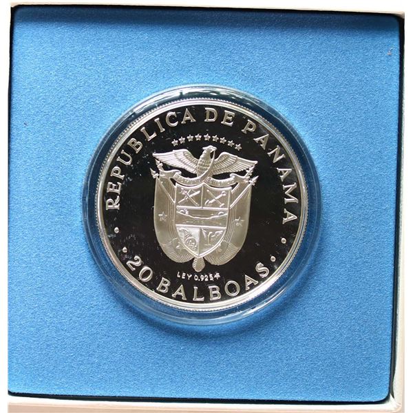 Panama; 1974 20 Balboas sterling silver Proof.  Weight: 130 grams, diameter: 61mm, issued by the Fra