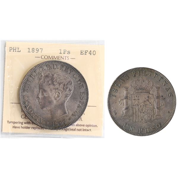 Philippines; 1897 1 Peso Alphonse XIII - ICCS EF40 KM #154