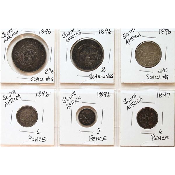 South Africa; 1896 Set F to VF, and 1897 6 pence.  Lot of 6 coins.