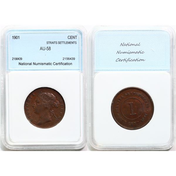 Straits settlements; 1901 1¢ NNC AU58 with traces of red.