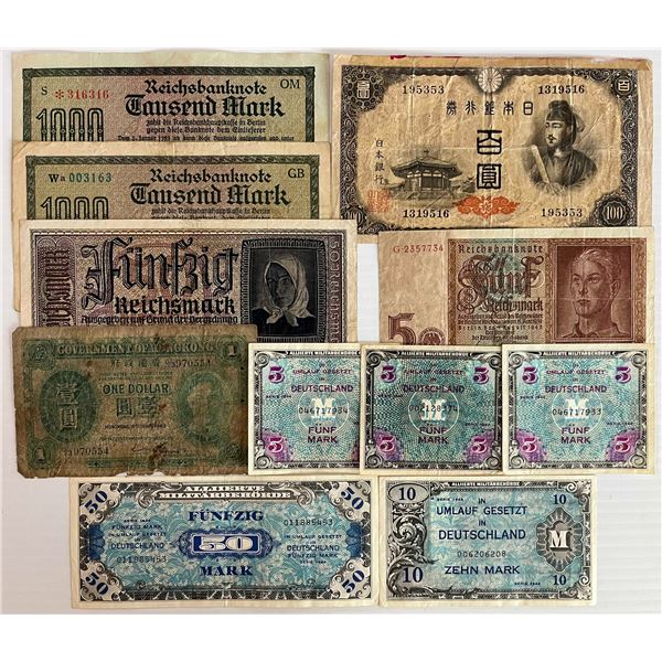 World Banknote Lot; Includes notes from germany, Japan and Hong Kong.    Good to EF+.  Lot of 11 not