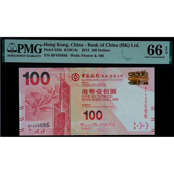 Hong Kong; 2012 $100 Pick #343b #BF445686 PMG UNC66EPQ.  Watermark; Flower & 100. &  2016 $50 Pick #