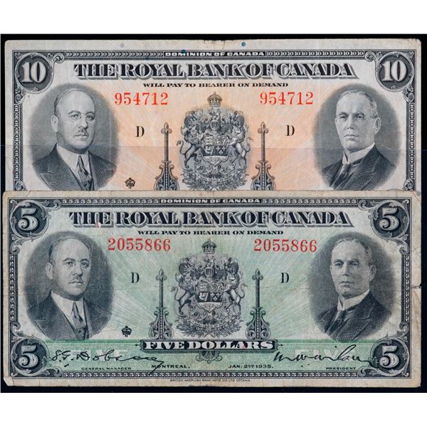 The Royal Bank of Canada 1935 $5 & 1935 $10, Both notes F-VF.