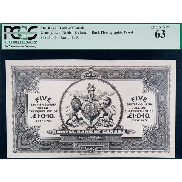 The Royal Bank of Canada "British Guiana" 1920 $5 #A000000A CH-630-36-02PP, "Back" PCGS Choice Uncir