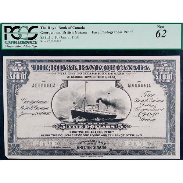 The Royal Bank of Canada "British Guiana" 1920 $5 #A000000A CH-630-36-02PP, PCGS Choice Uncirculated