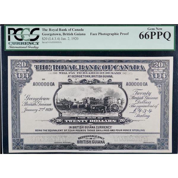 The Royal Bank of Canada "British Guiana" 1920 $20 #A000000A CH-630-36-04PP, PCGS Gem Uncirculated-6