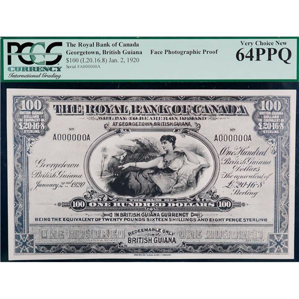 The Royal Bank of Canada "British Guiana" 1920 $100 #A000000A CH-630-36-06PP, PCGS Choice Uncirculat