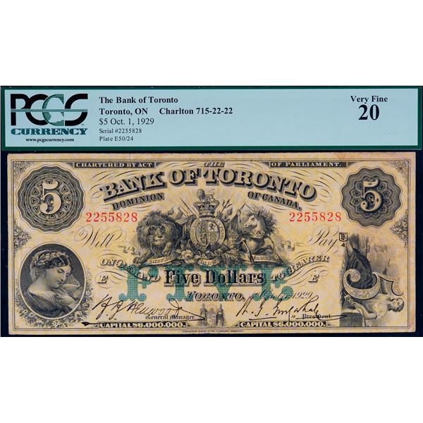 The Bank of Toronto 1929 $5 #2255828 CH-715-22-22 PCGS Very Fine-20