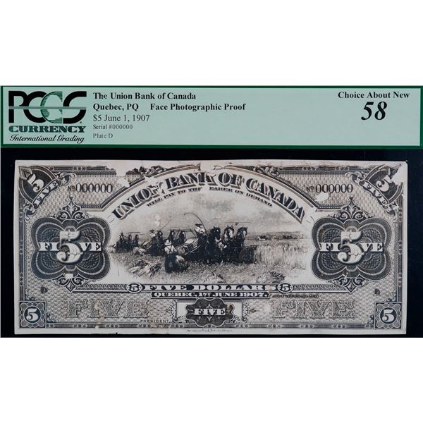 The Union Bank of Canada;  1907 $5 CH-730-20-02, PCGS Choice About Uncirculated-58.  Face Photograph