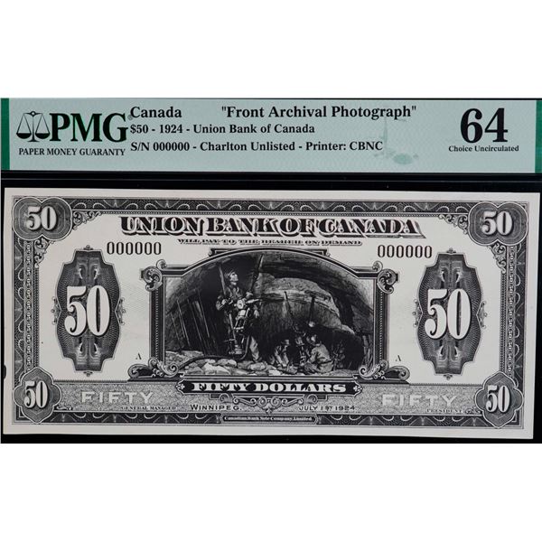 The Union Bank of Canada; 1924 $50 CH-730-26-08, PMG Very Choice Uncirculated-64.  Front Archival Ph
