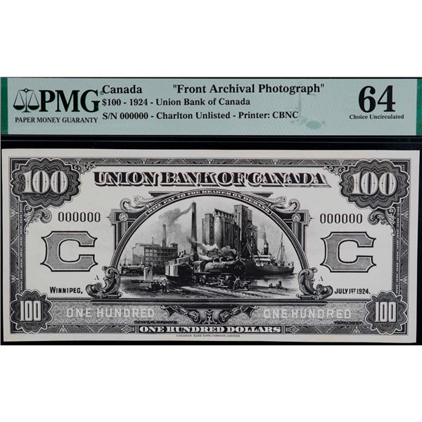 The Union Bank of Canada; 1924 $100 #000000, PMG Very Choice Uncirculated-64.  Front Archival Photog