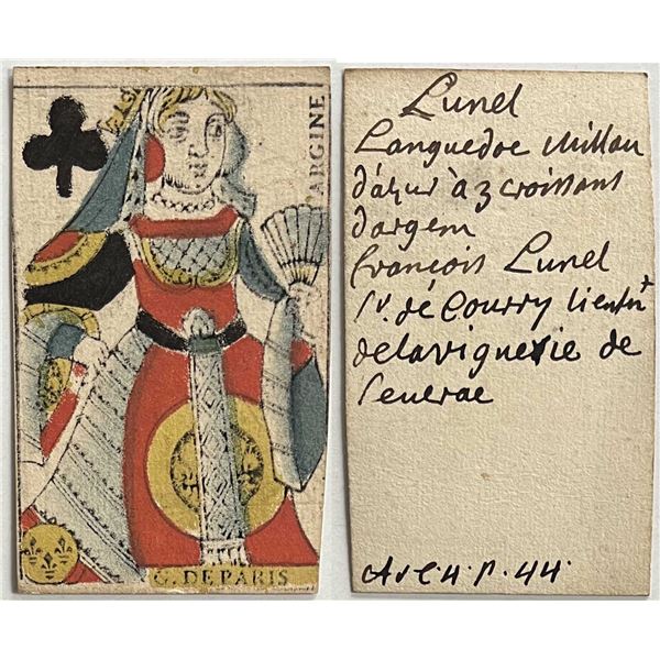 French Colonial Issue Playing Card; "Queen of Clubs" with French Hand Written on the back.