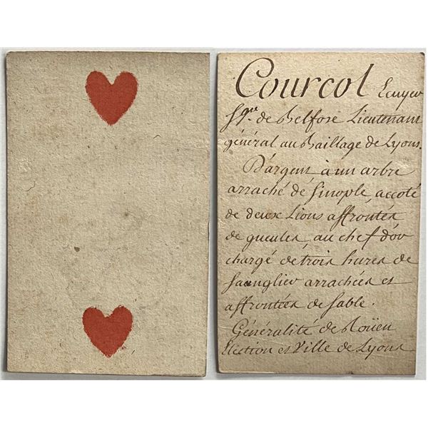 French Colonial Issue Playing Card; "Two of Harts" with French Hand Written on the back.