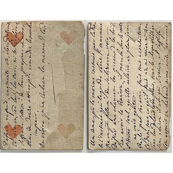 French Colonial Issue Playing Card; "Four of Harts" with French Hand Written on the back.