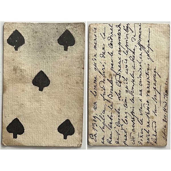 French Colonial Issue Playing Card; "Five of Spades" with French Hand Written on the back.