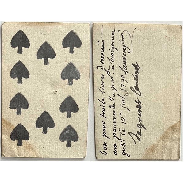 French Colonial Issue Playing Card; "Ten of Spades" with French Hand Written on the back.