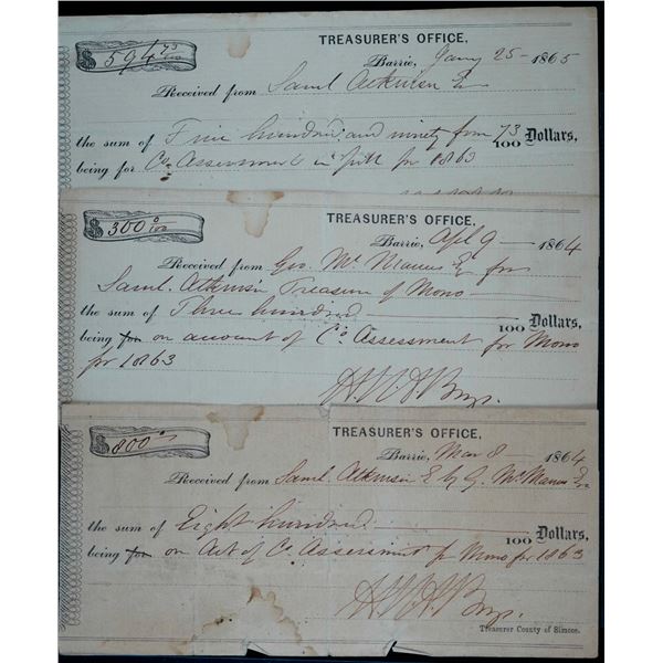 Vintage receipts; 1864-1865 Barrie, Ontario "Treasurer County of Simcoe", Lot of 3 pieces, All F to 