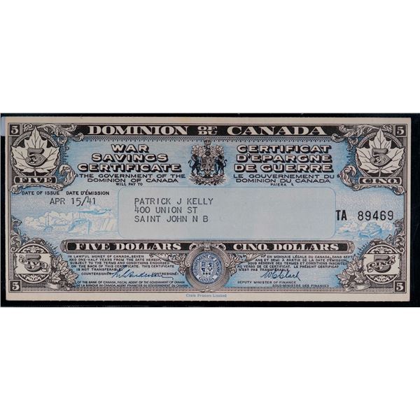 War Savings Certificate 1941 $5 #TA89469- issued to Patrick J. Kelly Saint John, NB AU-UNC.