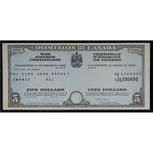 War Savings Certificate 1944 $5 #J1000492- issued to John darkey  AU-UNC.