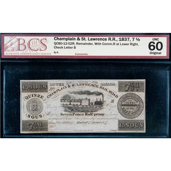Scrip; Champlain & St. Lawrence Rail Road Montreal, Lower Canada. 1837 15 sous - 7 1/2 pence Montrea