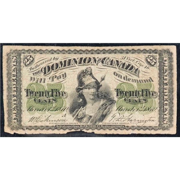 1870 25 cents Shinplaster DC-1a "Letter A" VG-F with uneven margin at bottom.  Scarcer variety.
