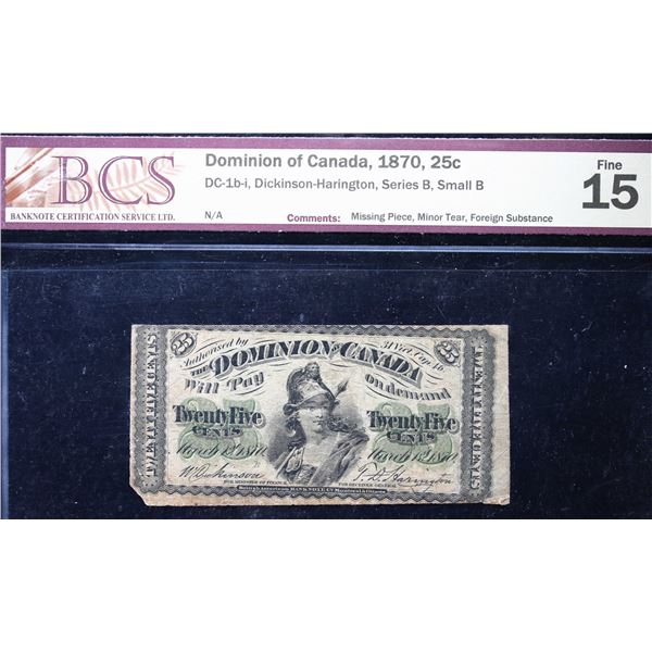 1870 25 cents Shinplaster DC-1b-i "LetterB - Small" BCS Choice Fine-15, minor issues.
