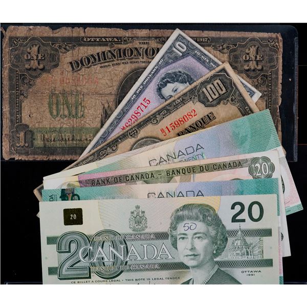 Banknote Lot; includes 1917 $1, 1937 $100, 1954 $10, 1979 $20, 1991 $20 (2), 2004 $20 (2), Lot of 8 