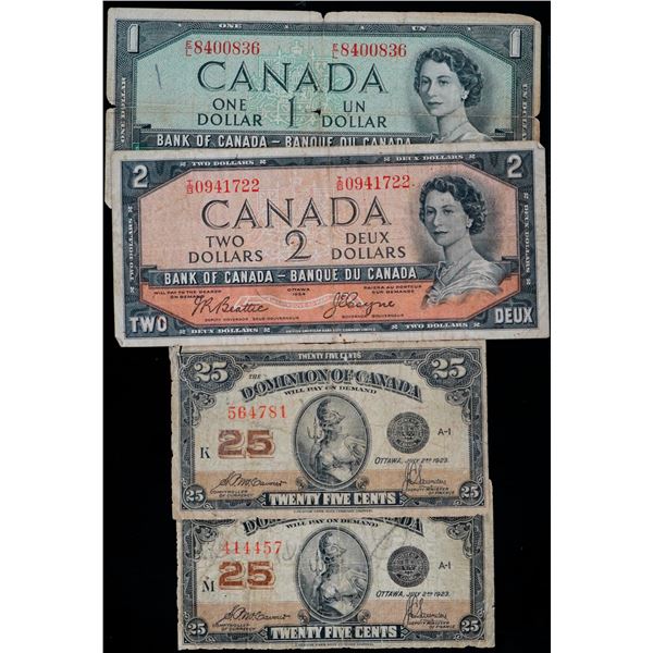1923-2008 Banknote Lot; Various denominations, signatures and grades.  Includes shinplasters, Devil'