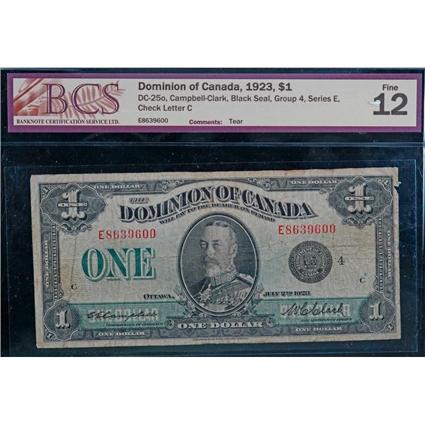 1923 $1 DC-25o #E8639600 BCS Fine-12, small tear.