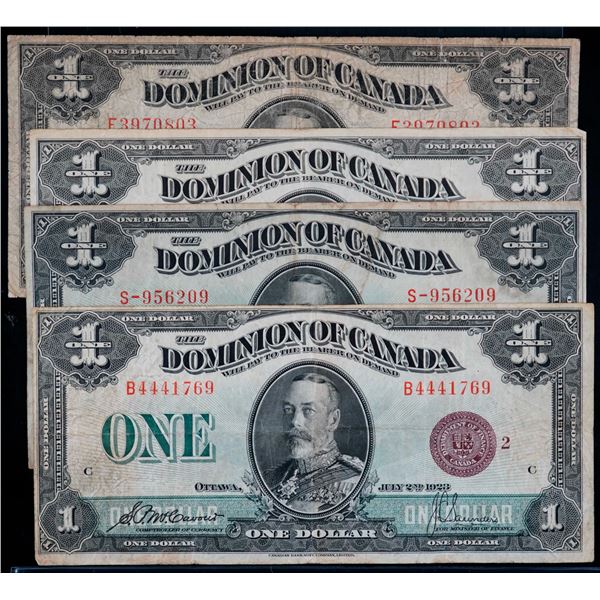 1923 $1'S, A nice group of 4 different notes with different "Coloured seals" VG to VF