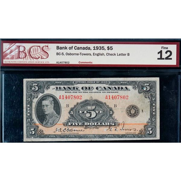 1935 $5 BC-5 #A1407802 BCS Fine-12