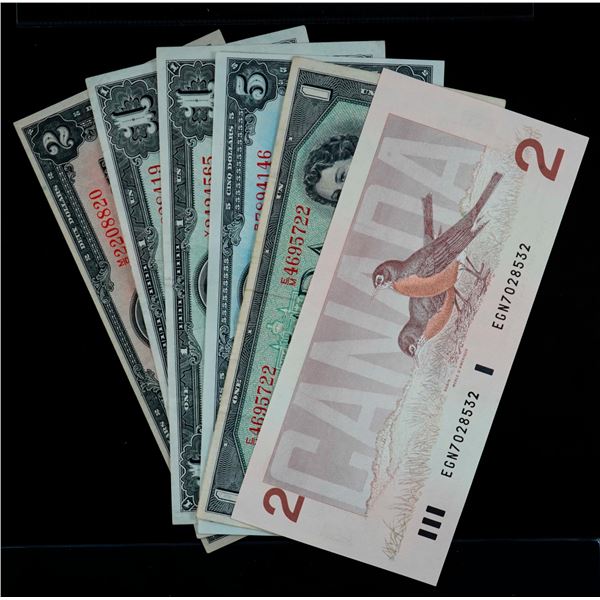 1937 $1 (2) BC-21c, 21d, $2 BC-22b $5 BC-23c, 1954 $1 BC-38ai, 1986 $2 BC-55b, VF to AU.  Lot of 6 n