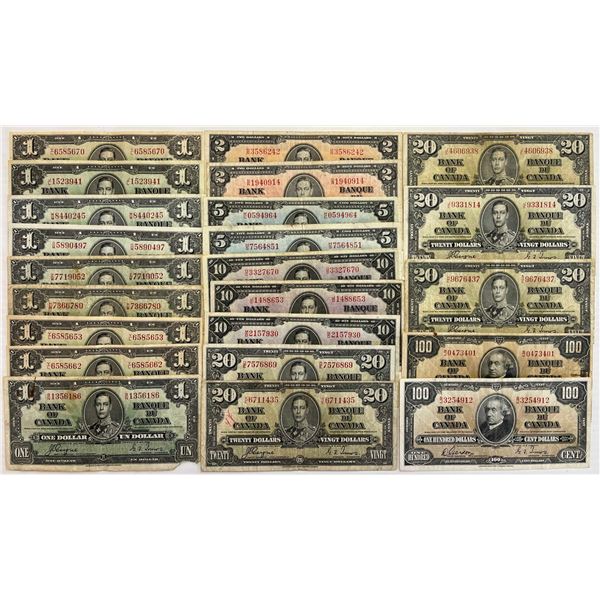 Canada Banknote Lot;  1937 Lot includes $1(9), $2(2), $5(2), $10(3), $20(5) & $100(2).  $353 Face va
