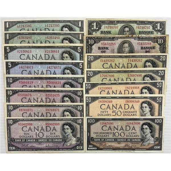 Banknote Lot;  1937 $1, $10, 1954 $100 Devil's Face, 1954 Modified $1(2), $5(2), $10(4), $20(2) & $5