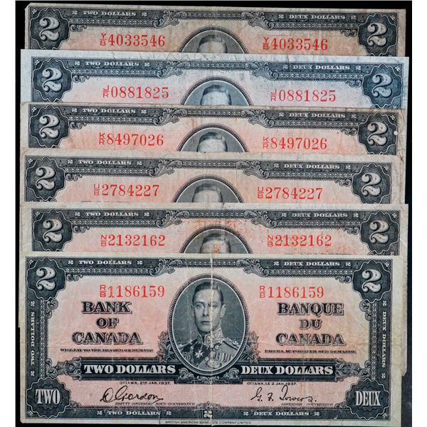 1937 $2's BC-22b & 22c, VG to F+.  Lot of 6 notes.