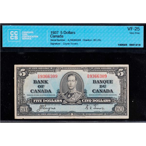 1937 $5 BC-23c #A/S9366309 CCCS Choice Very Fine-25